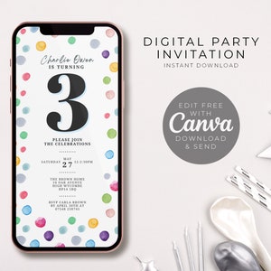 3rd Birthday Party Invite, Third Birthday  E-Invite, Evite, Invitation Template, Text Invitation, Digital Invite, Mobile Phone Evite