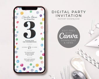 3rd Birthday Party Invite, Third Birthday  E-Invite, Evite, Invitation Template, Text Invitation, Digital Invite, Mobile Phone Evite