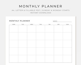 May include: A black and white printable monthly planner with the text "MONTHLY PLANNER" at the top. The planner has spaces for each day of the week, Monday through Sunday.