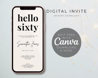 Hello sixty, 60th, Birthday invite, E-Invite, Invitation Template, Text Message Invitation, Digital Invite, Mobile Phone Evite