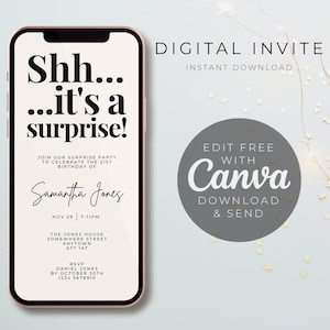 Shhh... it's a surprise invite, surprise party invite, Invitation Template, Text Message Invitation, Digital Invite, Mobile Phone Evite image 1