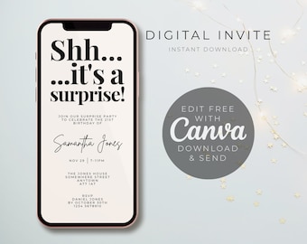 Shhh... it&#39;s a surprise invite, surprise party invite, Invitation Template, Text Message Invitation, Digital Invite, Mobile Phone Evite