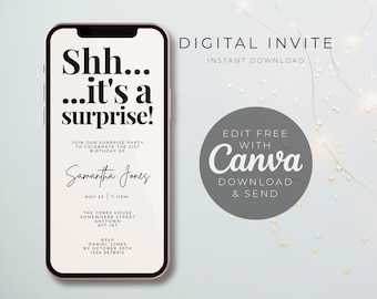 Shhh... it's a surprise invite, surprise party invite, Invitation Template, Text Message Invitation, Digital Invite, Mobile Phone Evite