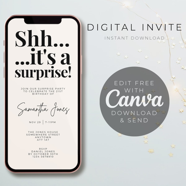 Shhh... it's a surprise invite, surprise party invite, Invitation Template, Text Message Invitation, Digital Invite, Mobile Phone Evite