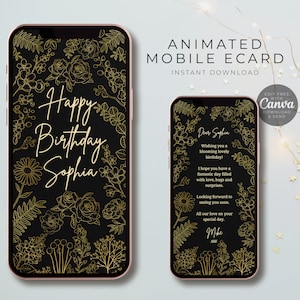 Modèle de carte d'anniversaire animée pour téléphone mobile. Design floral contemporain noir et or. Toile modifiable. Vidéo de la carte électronique de vœux