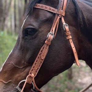 Natural Leather- Brown Buckstitch Browband Headstall - Western Headstall - Western Bridle- Leather Horse Tack - Ranch Hand Premium Leather