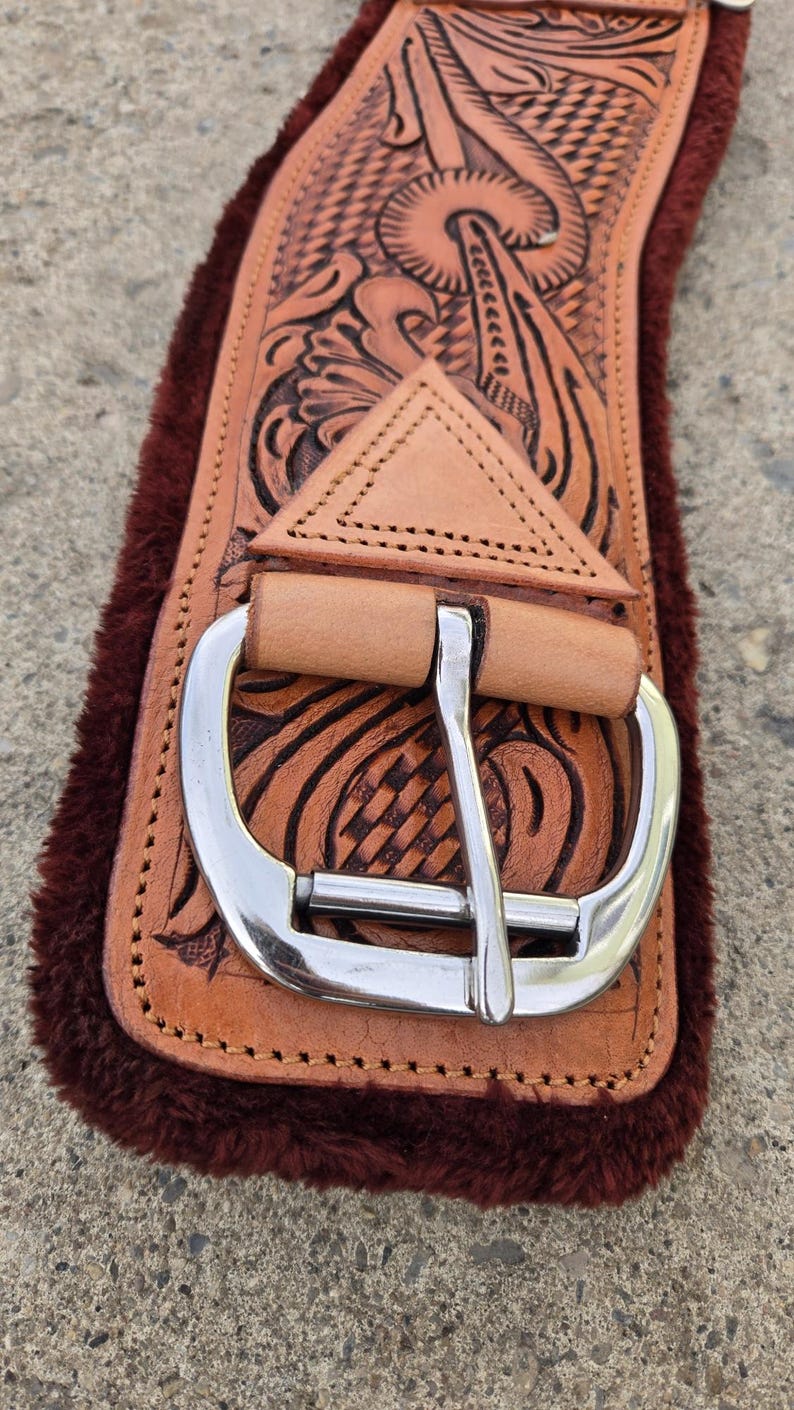 hand tooled elather roper cinch western girth frleece cinch heavy duty roper fleece cinch for western hrose (4)
