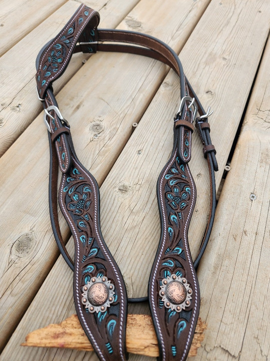 Turquoise Breeze Hand Tooled/painted Medium Leather Sliding One Ear