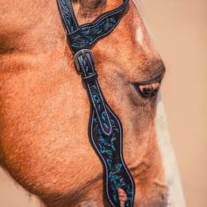 Turquoise Breeze westernhoofdstel - verschuifbaar leren hoofdstel met één oor | Barrel Racing & Team Roping Tack - western hoofdstel - western
