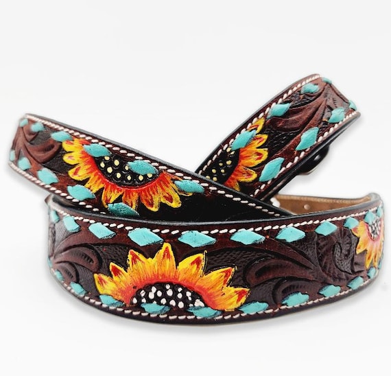 Leather Dog Collar Sunflower Stitched Handmade Western Leather