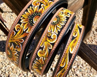 Leather Dog Collar- Yellow Sunflower - Tooled - Soft oiled leather- Small Medium Large Dog Collars- Durable - Comfortable Dog Collar