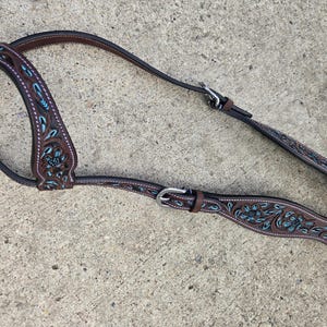 Turquoise Breeze Hand Tooled/Painted- Medium Leather- Sliding One Ear Headstall With Throat Latch- Horse Bridles - Heavy Duty - Adjustable