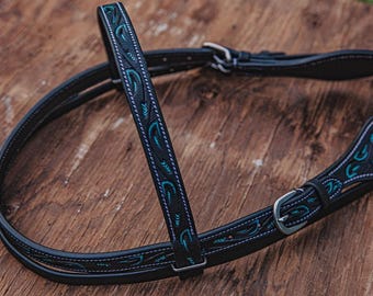Bride Tête De Cheval Western - Cuir Perlée Et Outillée - Browband Neuve