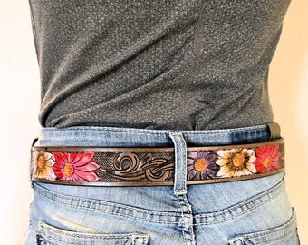 Leather Belt - Prairie Bloom Western Belt -  -Western Belts- Kids Size Belts and Adult Size Leather Belts