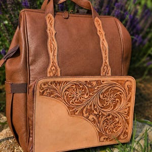 The Buckaroo - Western Leather Diaper Bag - Hand-Tooled Straps, Insulated Bottle Pocket