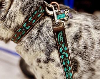Leather Dog Collar- Turquoise Buckstitch - Tooled- Small, Medium or Large Dogs. Adjustable. Comfortable Leather Dog Collars