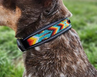 Leather Dog Collar- Navajo Spring- Beaded -  Handmade Western Leather Dog Collar - Premium Full-Grain, Durable & Stylish Dog Collars