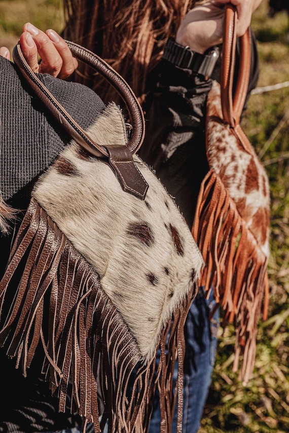 Ranch Hand Hair-On Cowhide Handbag - Fringed Handbag - Dressy Clutch Handbag  -  Rustic Western Leather Backpack - Handcrafted, Durable, and
