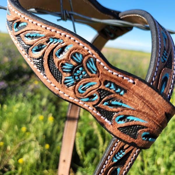 Turquoise Breeze Hand Tooled/Painted- Sliding One Ear Headstall- Horse Bridles - Heavy Duty - Adjustable