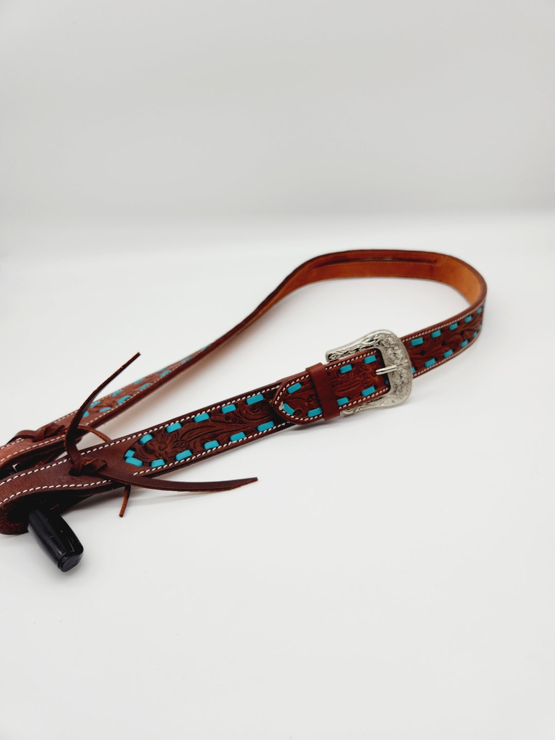 Turquoise Belt Style Split Ear Headstall With Tooling Horse Bridles