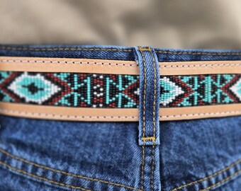 Boho Beaded Western Leather Belt —teal Diamond Pattern  display picture 2