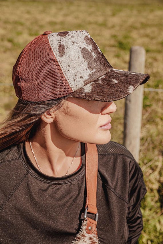 Western Hair-on Cowhide Trucker Hat – Cow Print Ranch Cap  display picture 3