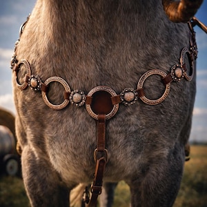Op de afbeelding: Close-up van een paard met een decoratief bronzen en leren harnas. Het harnas heeft cirkelvormige bronzen accenten met bloemmotieven en is verbonden door bruine leren riemen. Het paard heeft grijze vacht.