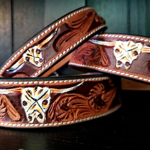 Leather Dog Collar- Longhorn Cow Skull - Hand Painted Tooled- Small, Medium or Large Dogs. Adjustable. Comfortable Leather Dog Collars