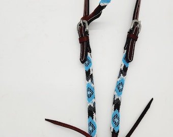 Diamonds in Turquoise - Beaded - One Ear Headstall - Teal Bridle - Quarter Horse Bridle- Leather Headstall- Beadwork