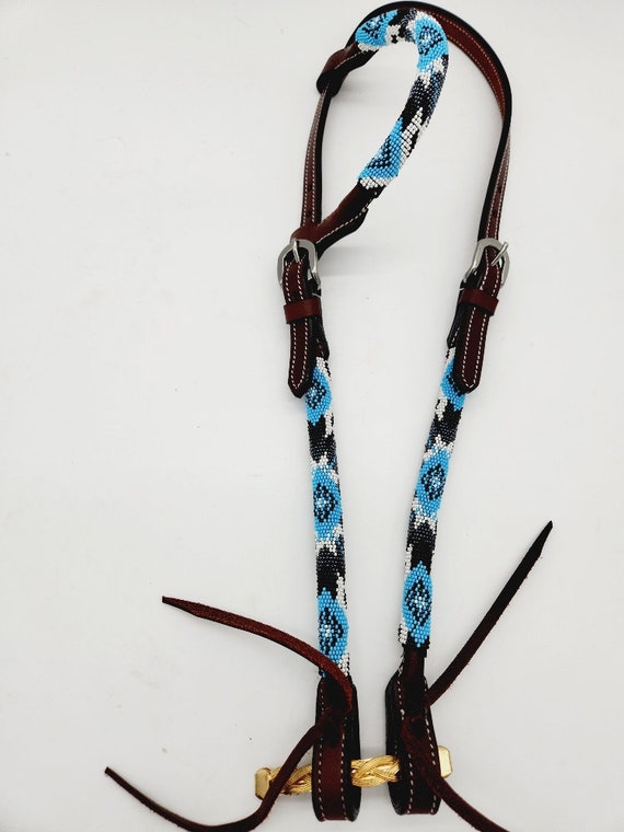 Diamonds in Turquoise - Beaded - One Ear Headstall - Teal Bridle - Quarter Horse Bridle- Leather Headstall- Beadwork