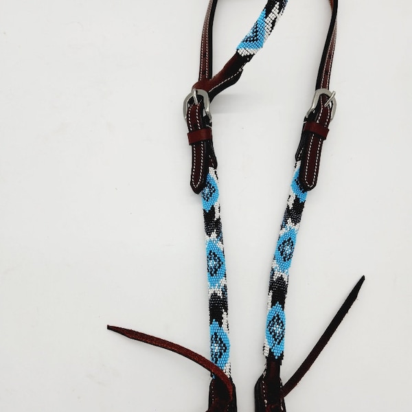 Diamonds in Turquoise - Beaded - One Ear Headstall - Teal Bridle - Quarter Horse Bridle- Leather Headstall- Beadwork