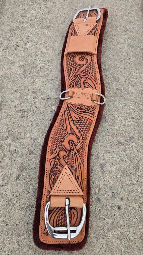Western Contoured Tooled Leather Cinch with Fleece Lining - Handmade Saddle Cinch