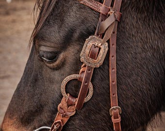 Twisted Iron- Rose Gold Browband Headstall with Metal Rings - Western Headstall - Western Bridle- Leather Horse Tack - Ranch Hand Premium