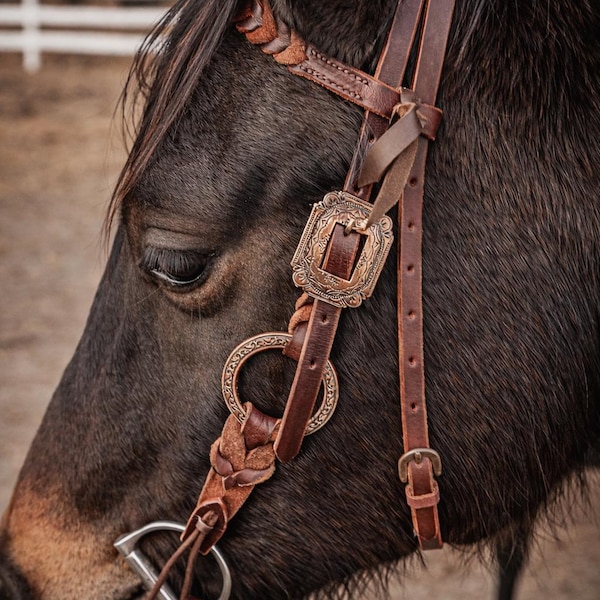 Twisted Iron - Rose Gold Browband Headstall with Metal Rings - Western Headstall - Western Bridle- Leather Horse Tack - Ranch Hand Premium