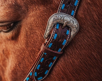 Turquoise Belt Style Split Ear Headstall With Tooling- Horse Bridles - Heavy Duty - Adjustable