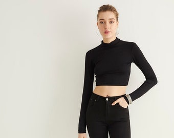 Black Crop Top, Half Turtleneck Crop Top, Cropped T-Shirt, Cotton Crop Top, Black Crop Tops For Women, Summer Blouse, Trendy Top