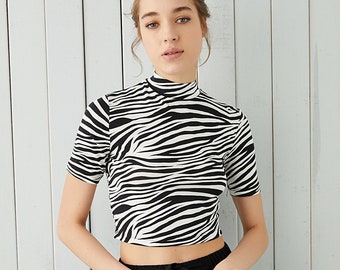 Zebra Pattern High Neck Cotton Summer Crop Top, Black & White Short Sleeve Casual Blouse, Animal Print Blouse, Modern Top, Women’s Clothes