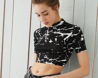 White Marble Print High Neck Crop Top, Lycra, Turtle Neck Summer Blouse, Trendy Black & White Top, Women’s Clothing, Casual Blouse, Cotton