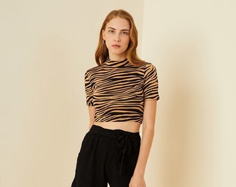 Zebra Pattern Crop Top, Half Turtleneck Top, Animal Pattern Crop Top, Short Sleeve Blouse, Cute Crop Top, Camel Crop Top, Cotton Crop