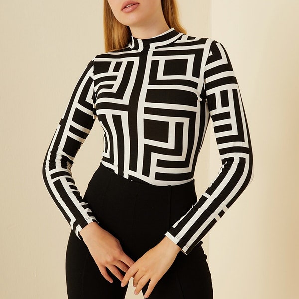 Black and White, Black And Camel Labirent Blouse, Cotton Body, Modern Woman Blouse,  Outfit, Marble Crop Top, Hot Girl Long Sleeve Blouse