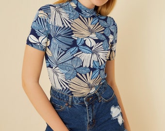 Blue Floral High Neck Cotton Summer Blouse, Casual Print Blouse, Modern Top, Trendy Blouse, Modern Top, Women’s Clothing, Print Blouse