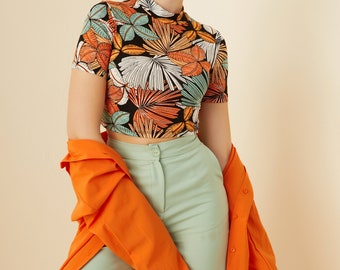 Leaf Model Crop Top, Floral Short Sleeve Crop Top, Mock Neck Top, Half Turtleneck Crop, Summer Blouse, Dainty Print Blouse, Trendy Crop Top