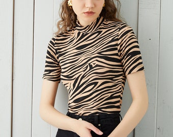 Marbled Zebra Pattern Casual Cotton Blouse, Summer Cloths, Trendy Top, Short Sleeve Blouse, Casual Cloth, Mock Neck Top, Modern Top
