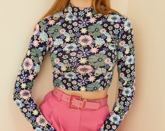 Half Turtleneck Long Sleeve Crop Top, Modern Mock Neck Top, Floral Colorful Crop Blouse, Women Print Crop Top,  Cropped Blouse, Print Blouse