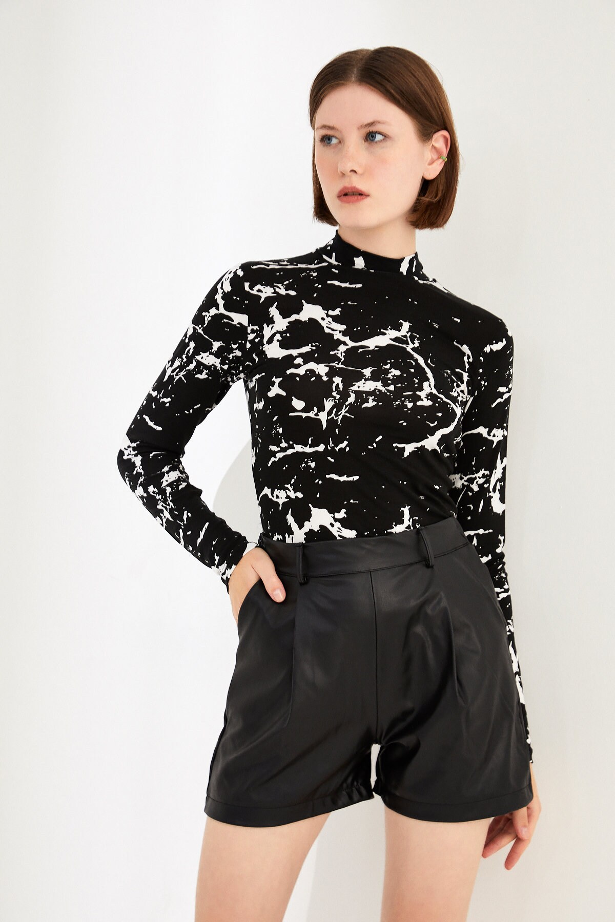 Turtleneck Marble Print Blouse, Modern Woman Blouse, Black Marble 