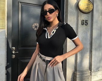New Collection Collared Neck Polo Shirt Button Front Knit Ribbed Short sleeve Women top Cotton Business Casual Outfit One Size Stretch