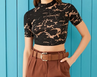 Black Marble Crop Top, Summer Blouse, Half Turtleneck Black Blouse, Mock Neck Top, Crop Top For Women, Short Sleeve Top, Trendy Top