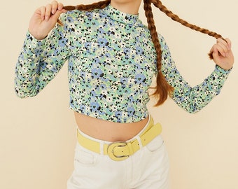 Blue & Green Floral Pattern Summer Crop Top, Cotton Casual Blouse, Mock Neck Blouse, Long  Sleeve Blouse, Turtleneck Blouse, Trendy Blouse