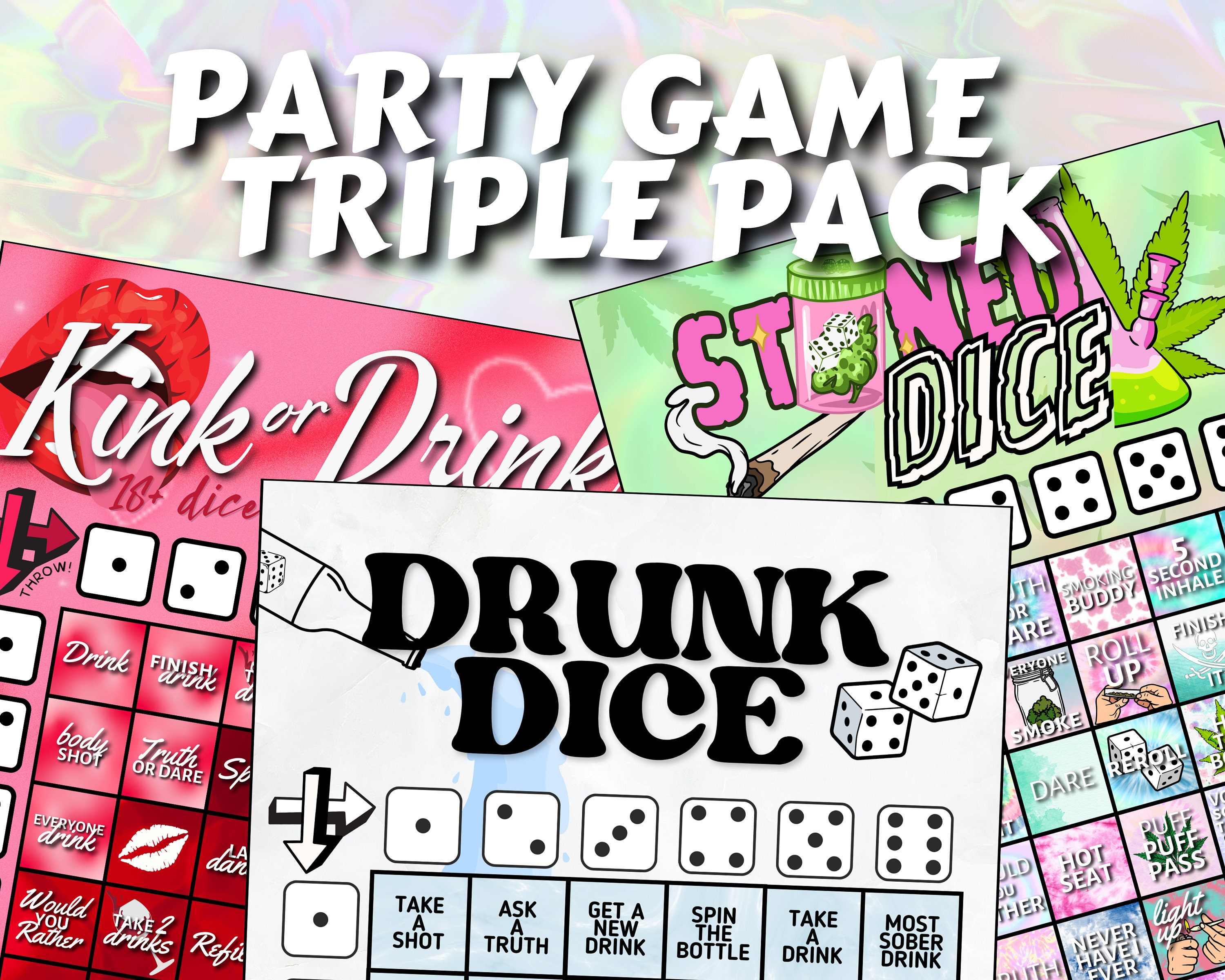 Dice Party Game Pack, 3 Drinking and Smoking Games for Adults, Group