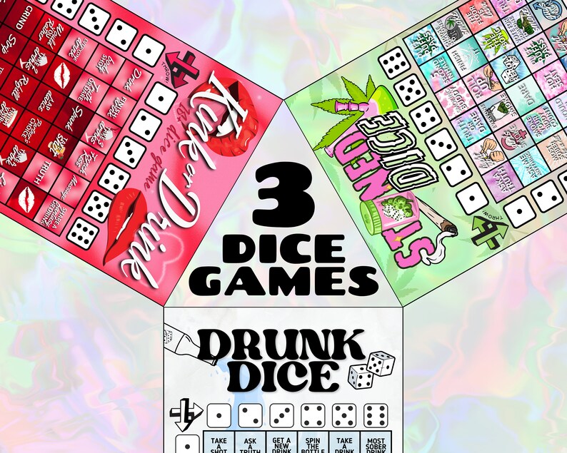 Dice Party Game Pack, 3 Drinking and Smoking Games for Adults, Group Party Game Printable